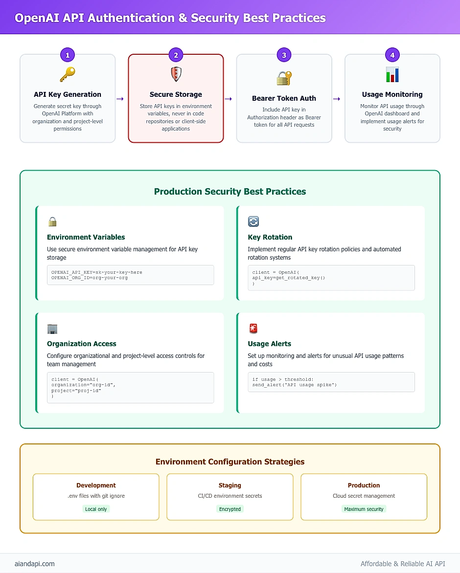 OpenAI API authentication security flow showing 4-step process from key generation to monitoring with production best practices
