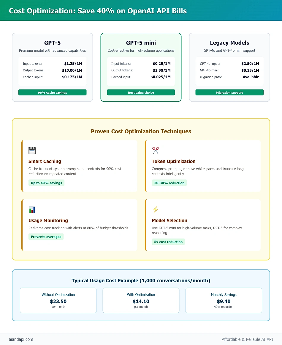 OpenAI API cost optimization chart comparing GPT-5 vs GPT-5 mini pricing with optimization strategies achieving 40% savings