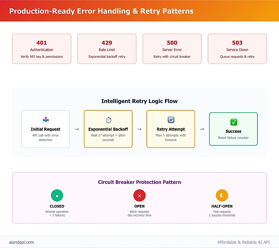 OpenAI API error handling diagram showing 8 error codes, retry logic with exponential backoff, and circuit breaker patterns for production systems